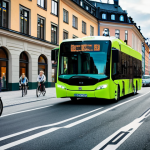 **

A bustling Stockholm city street with self-driving electric buses seamlessly integrated into traffic, optimized traffic lights glowing green. Solar panels cover building rooftops and a cyclist smiles as they ride past. Focus on sustainability and future technology.

**