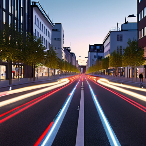 Home 18 A vibrant, modern Scandinavian city street at dusk, illustrating the practical application of Spatial AI. Intelligent traffic lights dynamically adjust to optimal flow, with subtle, glowing digital data overlays on the asphalt indicating real-time traffic patterns. A sleek, efficient public transport vehicle glides smoothly, avoiding congestion. Adaptive streetlights illuminate pathways as pedestrians approach, enhancing safety and energy efficiency. The scene conveys a sense of calm, technological advancement, and a seamless, human-centric urban experience with clean, functional architecture.