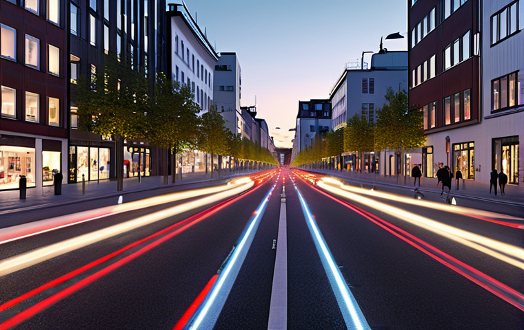 A vibrant, modern Scandinavian city street at dusk, illustrating the practical application of Spatial AI. Intelligent traffic lights dynamically adjust to optimal flow, with subtle, glowing digital data overlays on the asphalt indicating real-time traffic patterns. A sleek, efficient public transport vehicle glides smoothly, avoiding congestion. Adaptive streetlights illuminate pathways as pedestrians approach, enhancing safety and energy efficiency. The scene conveys a sense of calm, technological advancement, and a seamless, human-centric urban experience with clean, functional architecture.
