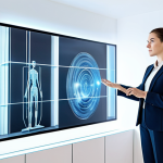 A professional architect, fully clothed in a modest, contemporary business suit, standing in a bright, minimalist interior design studio. She is interacting with a large, transparent display showcasing a 3D holographic projection of a compact, intelligently optimized apartment layout. The projection highlights smart space-saving furniture solutions and an efficient living flow. The scene conveys innovation and professional efficiency. safe for work, appropriate content, fully clothed, professional, perfect anatomy, correct proportions, natural pose, well-formed hands, proper finger count, natural body proportions, professional photography, high detail, modern aesthetic, futuristic technology.